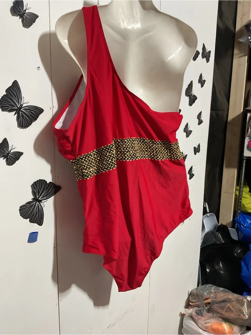 Red One-Shoulder Swimsuit with Gold Accent